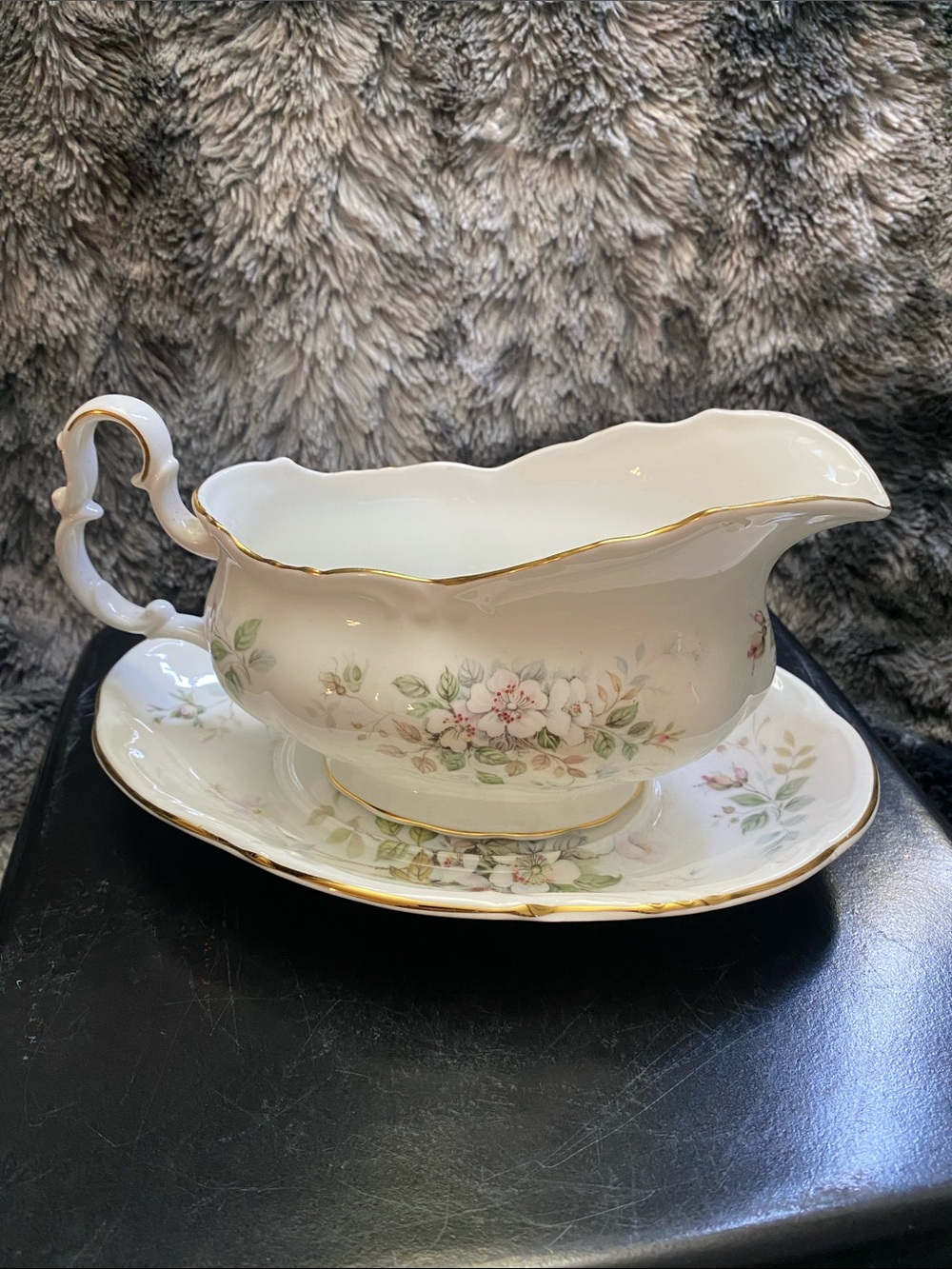 Royal Albert White Porcelain Gravy Boat with Pastel Floral Motif - “Hawthorn”